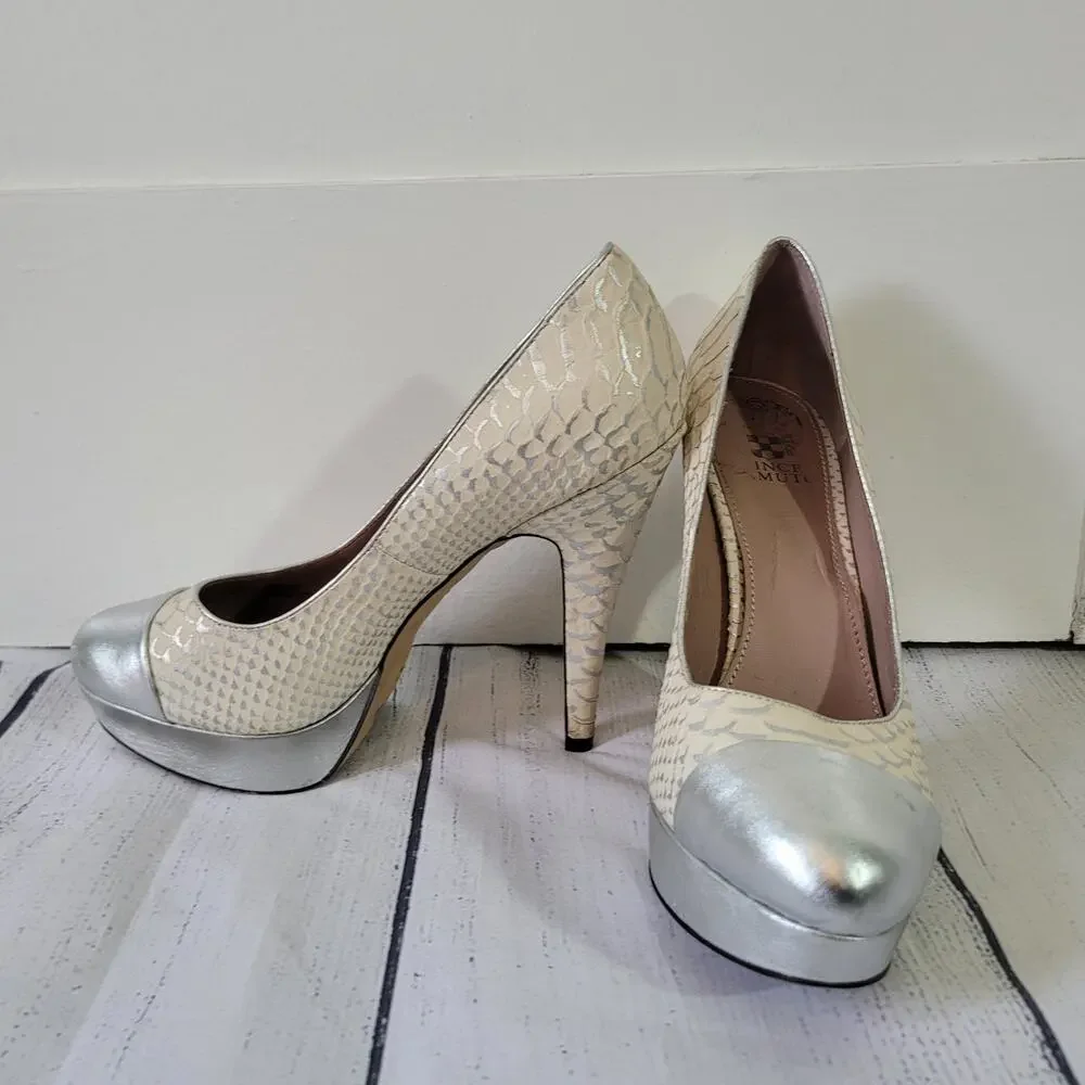 Vince Camuto  Size 9.5 Platform Pumps White Silver Snake‎ Print 5